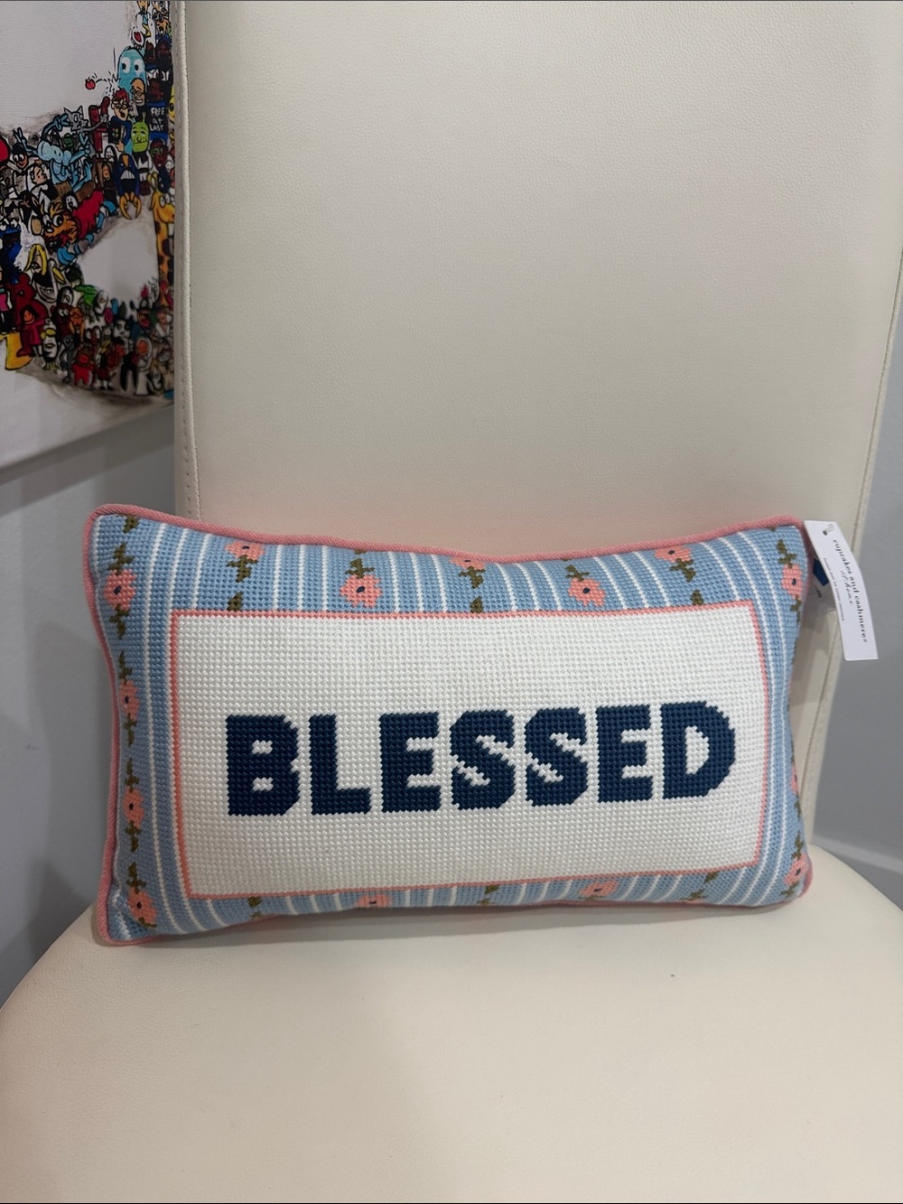 cupcakes & cashmere Blue and Pink 'BLESSED' Floral Print Needlepoint Pillow